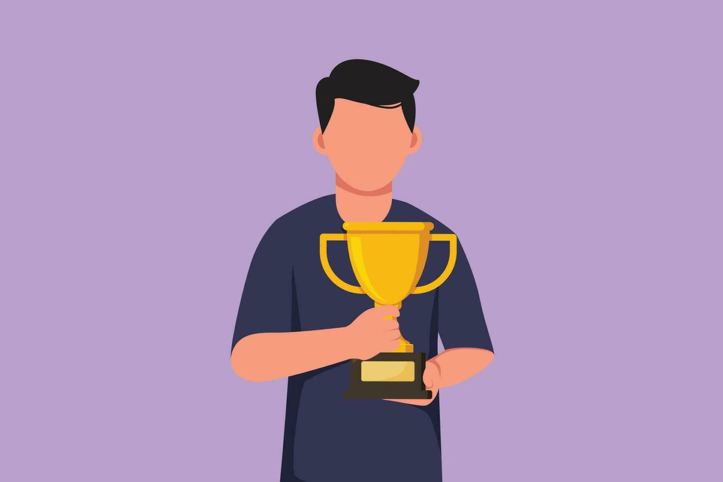 Character flat drawing male athlete wearing sports jersey holding golden trophy with both hands in front of his chest. Celebrating victory of national championship. Cartoon design vector illustration