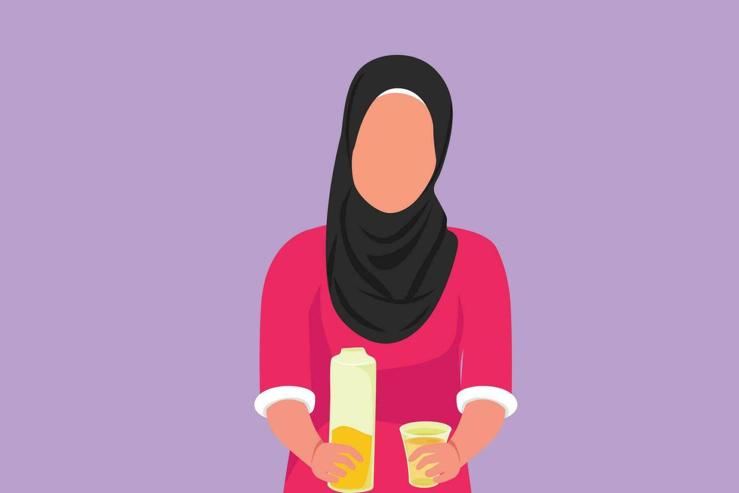 Character flat drawing portrait of woman holding bottle of orange juice in one hand and glass in other hand while having morning breakfast. Arab female feel thirsty. Cartoon design vector illustration