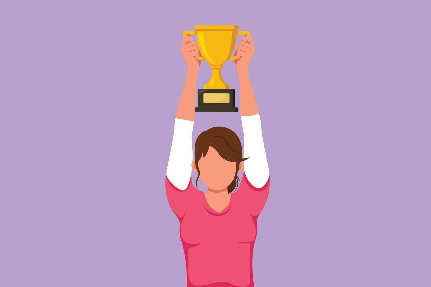Character flat drawing female athlete wearing sport jersey lifting gold trophy with both hands. Happy woman celebrating victory of national competition championship. Cartoon design vector illustration