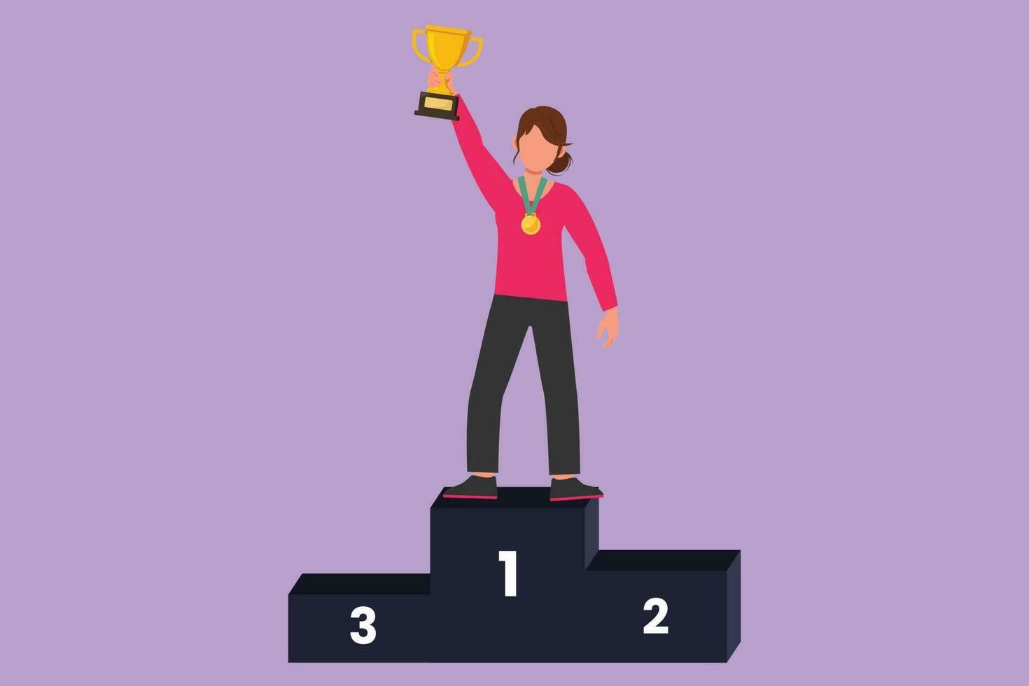 Cartoon flat style drawing happy female athlete lifting golden trophy with one hand on first podium. Active woman celebrate victory of national sports competition. Graphic design vector illustration