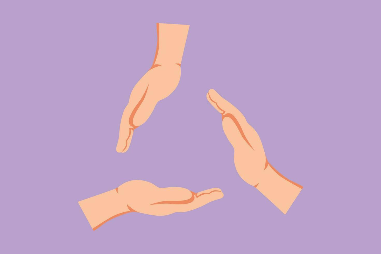 gráfico plano diseño dibujo Tres palma manos hacer triángulo marco forma. símbolo de la seguridad o reciclar. comunicación con mano gestos no verbal señales para educación. dibujos animados estilo vector ilustración