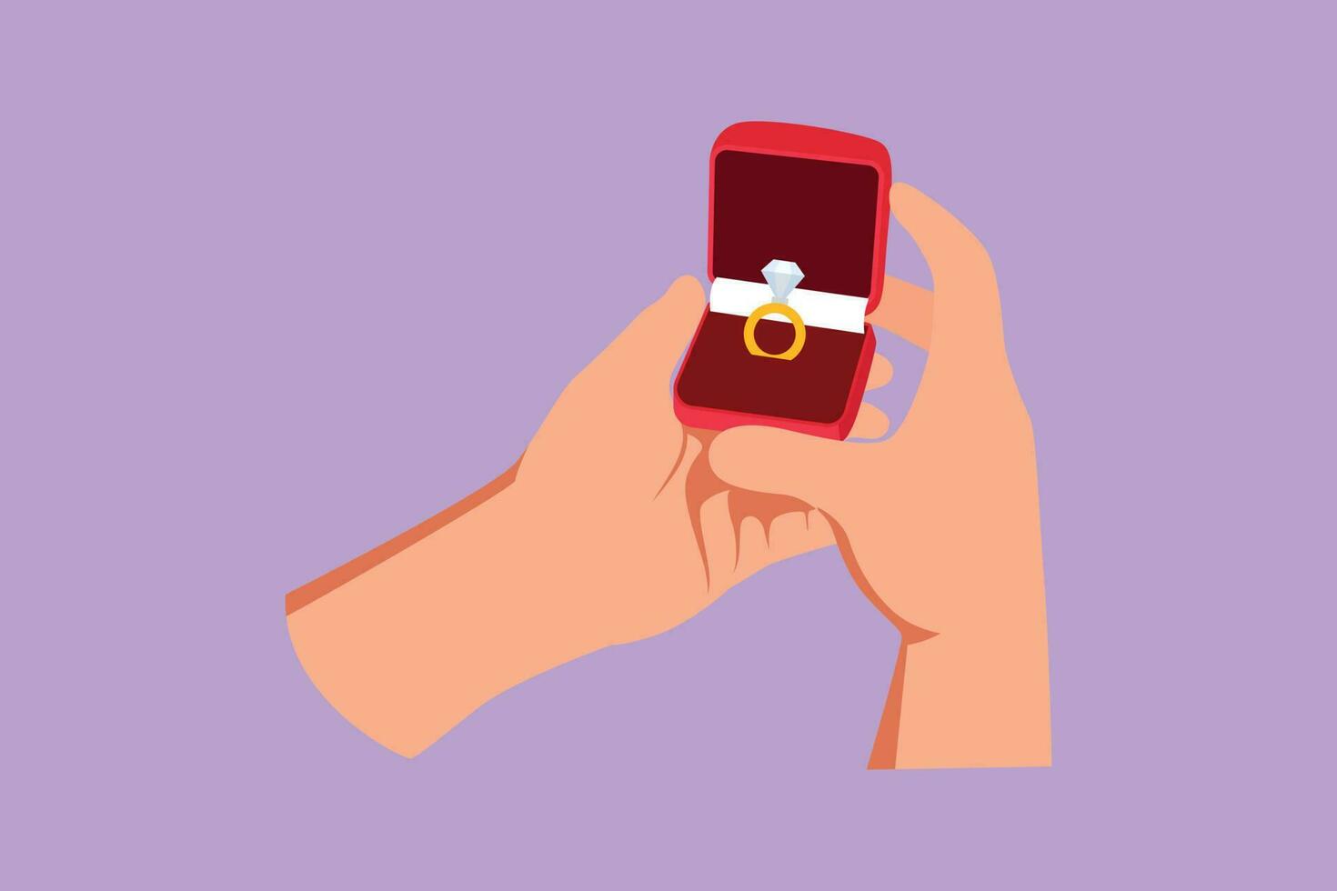 Character flat drawing of female hand holding red box with ring. Groom gift for bride on their special day. Marriage celebration concept. Happy woman on wedding day. Cartoon design vector illustration