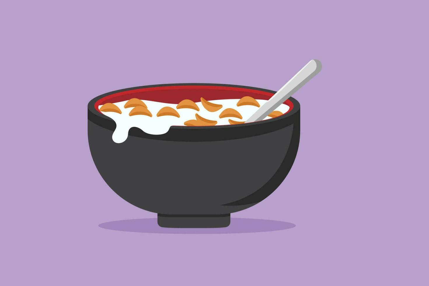 Cartoon flat style drawing stylized bowl of cereal breakfast with fresh milk. Healthy whole wheat food concept. Health food nutrition. For flyer, icon, logo, symbol. Graphic design vector illustration
