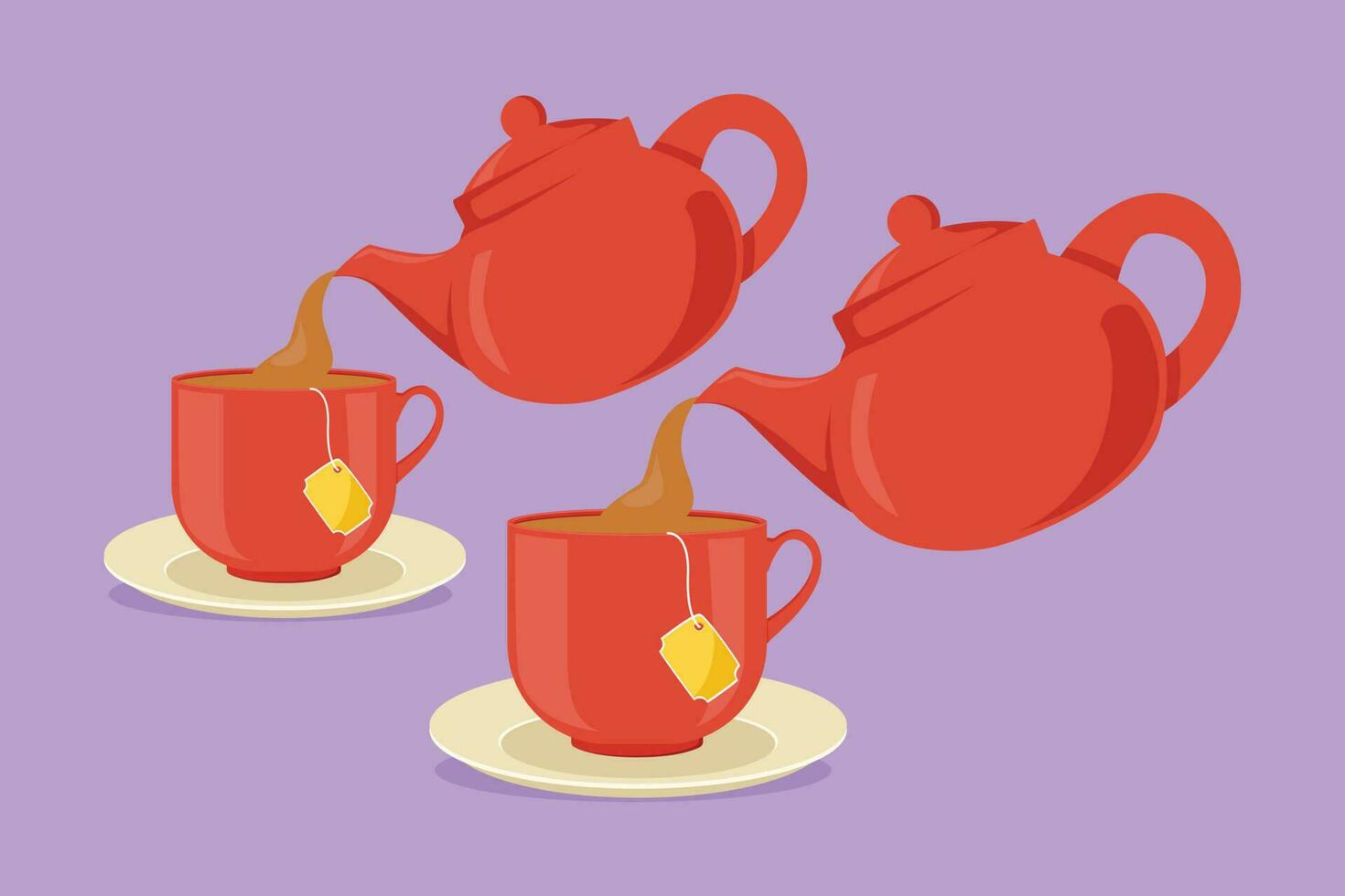 Graphic flat design drawing teapot for tea drinking pours hot water into cup. Breakfast utensils. Woman pouring organic tea into ceramic cup with sand glass. Teacup. Cartoon style vector illustration