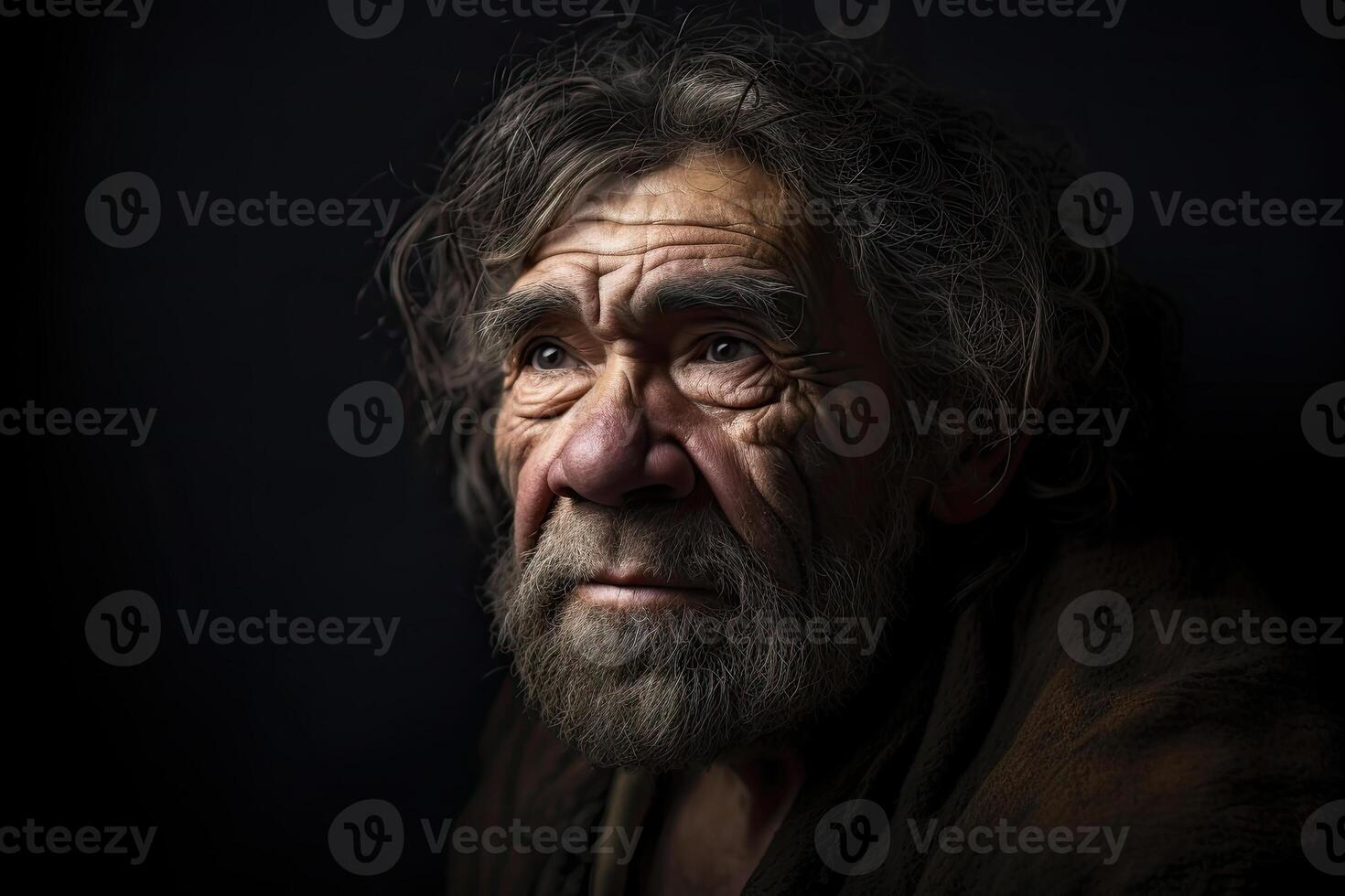 Portrait of prehistoric man on dark background. photo