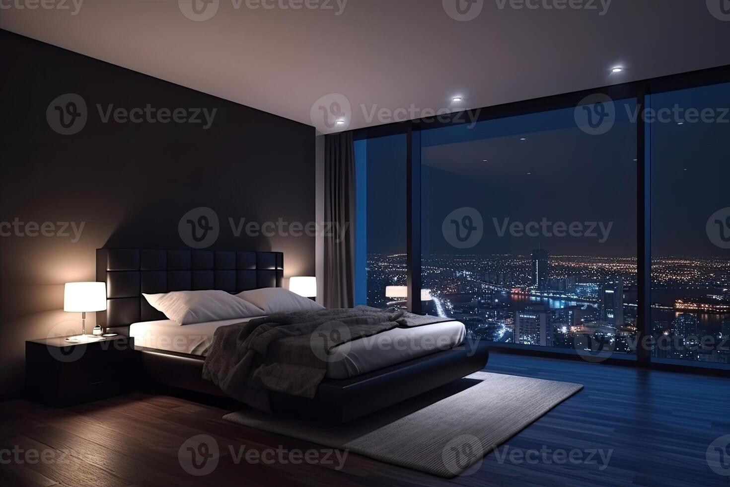 grande cama en vivo habitación con noche ciudad ver en ventana. generativo ai foto