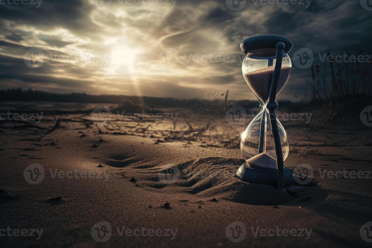 Hourglass on dark background, Time is running out. photo