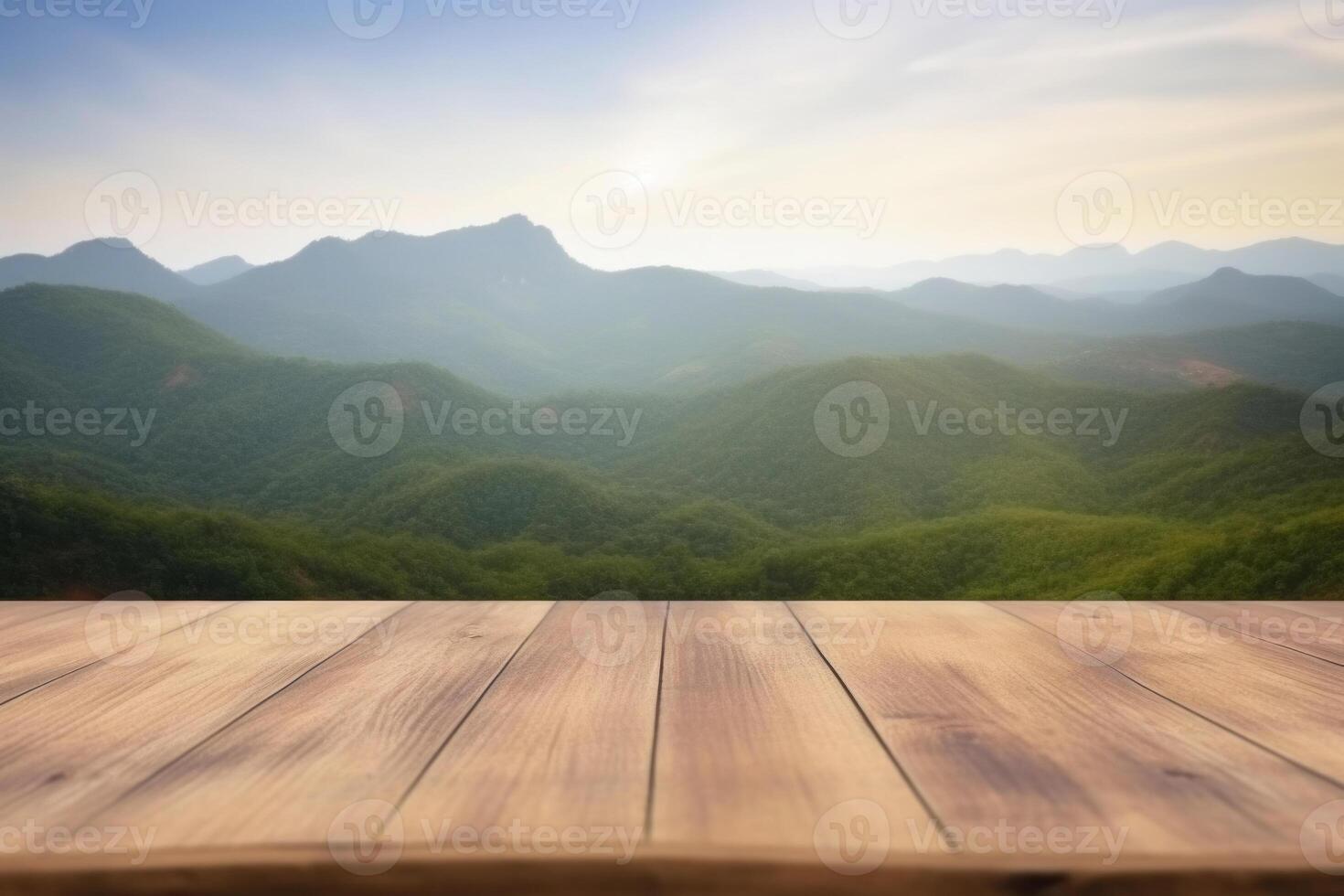Empty wooden table with blurred mountain landscape background. photo