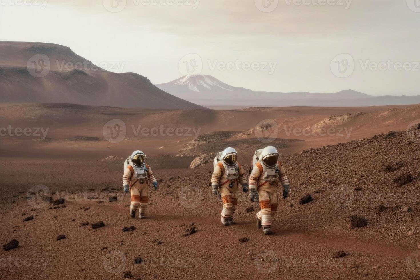 Astronauts wearing space suits walking on red planet. photo