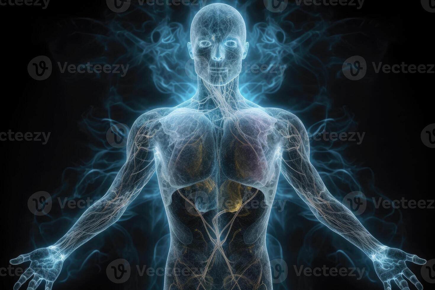 Glowing human body silhouette on dark background. photo