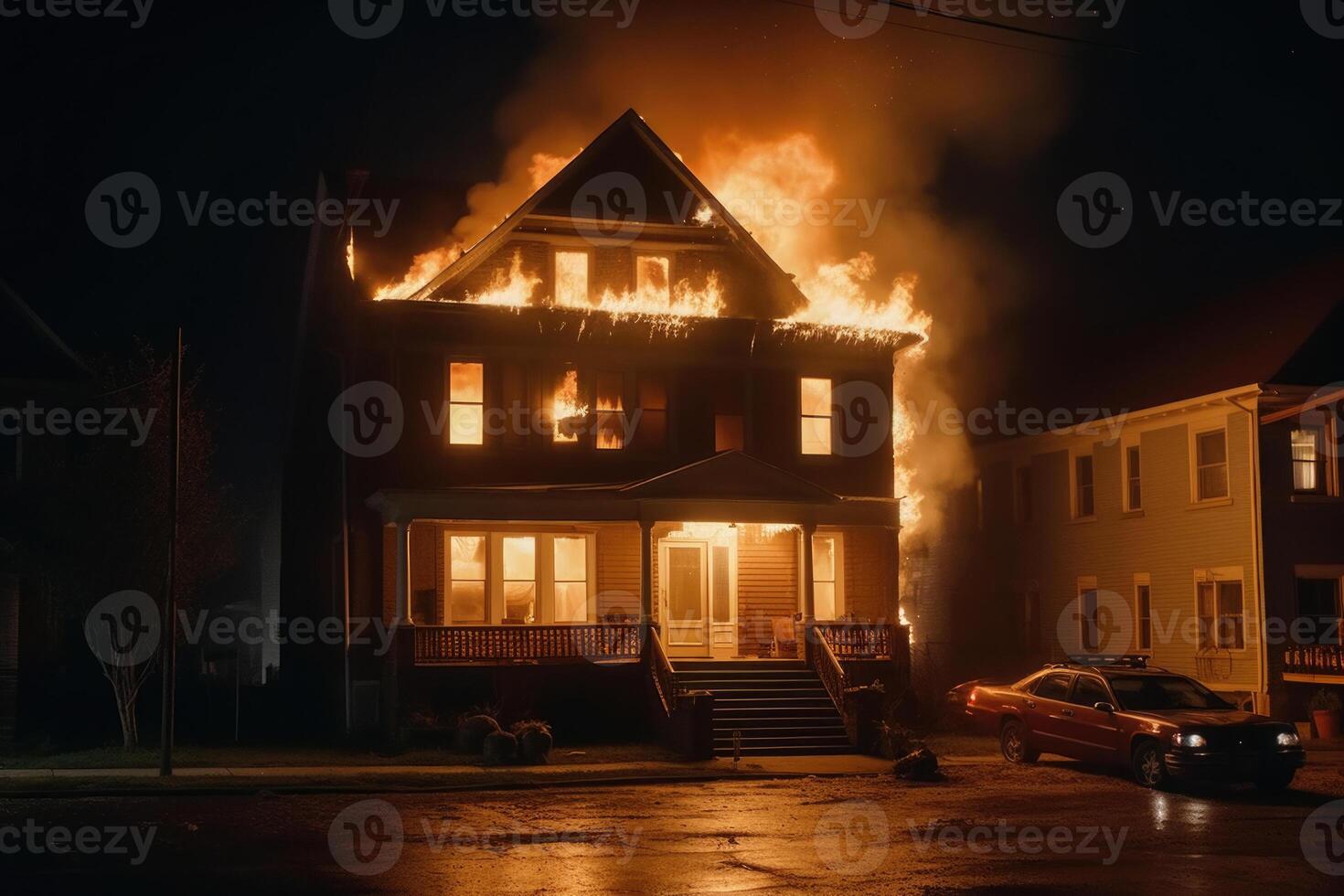 Burning house in the night. Residential house in fire. photo