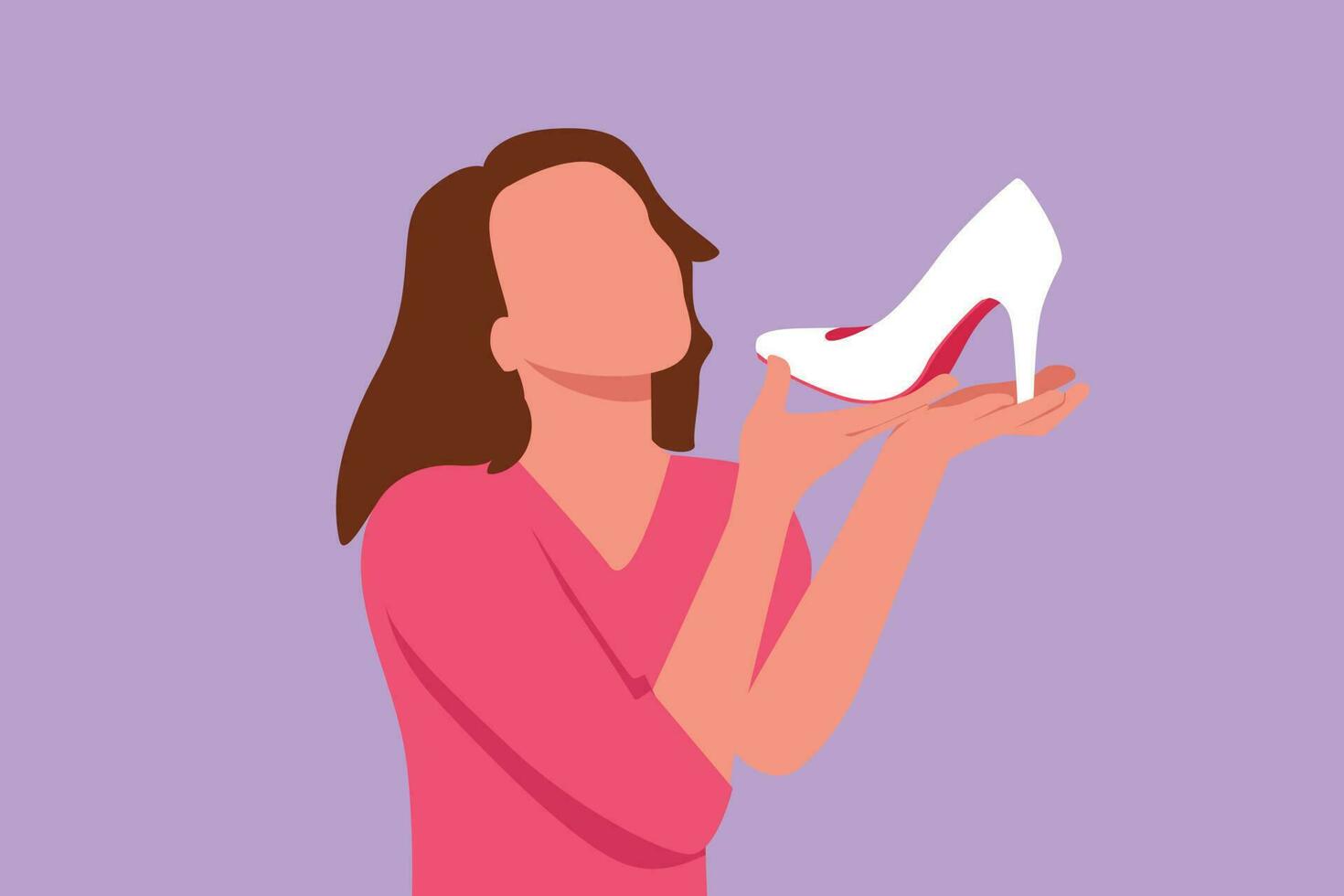 Character flat drawing addicted from high heels, young woman kissing her new shoes. Hobby of teenage beautiful girl with her shoe collection. Fashion brand for lady. Cartoon design vector illustration