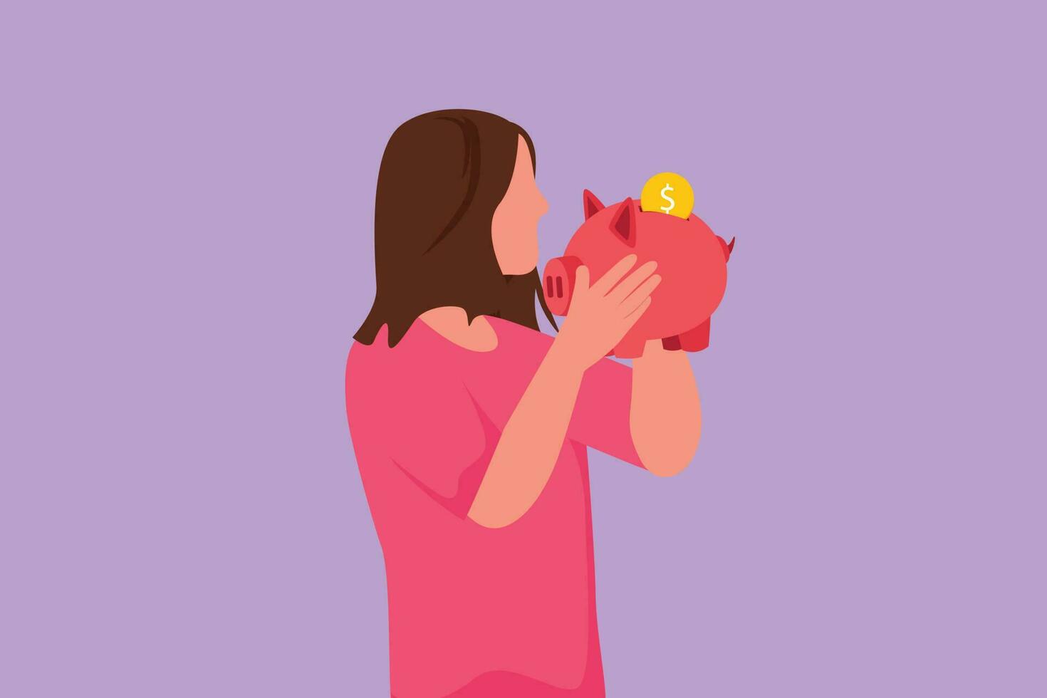 Cartoon flat style drawing beauty young female holding and kissing piggy bank. Wealth symbol and saving campaign concept for teenager. Financial planning for future. Graphic design vector illustration