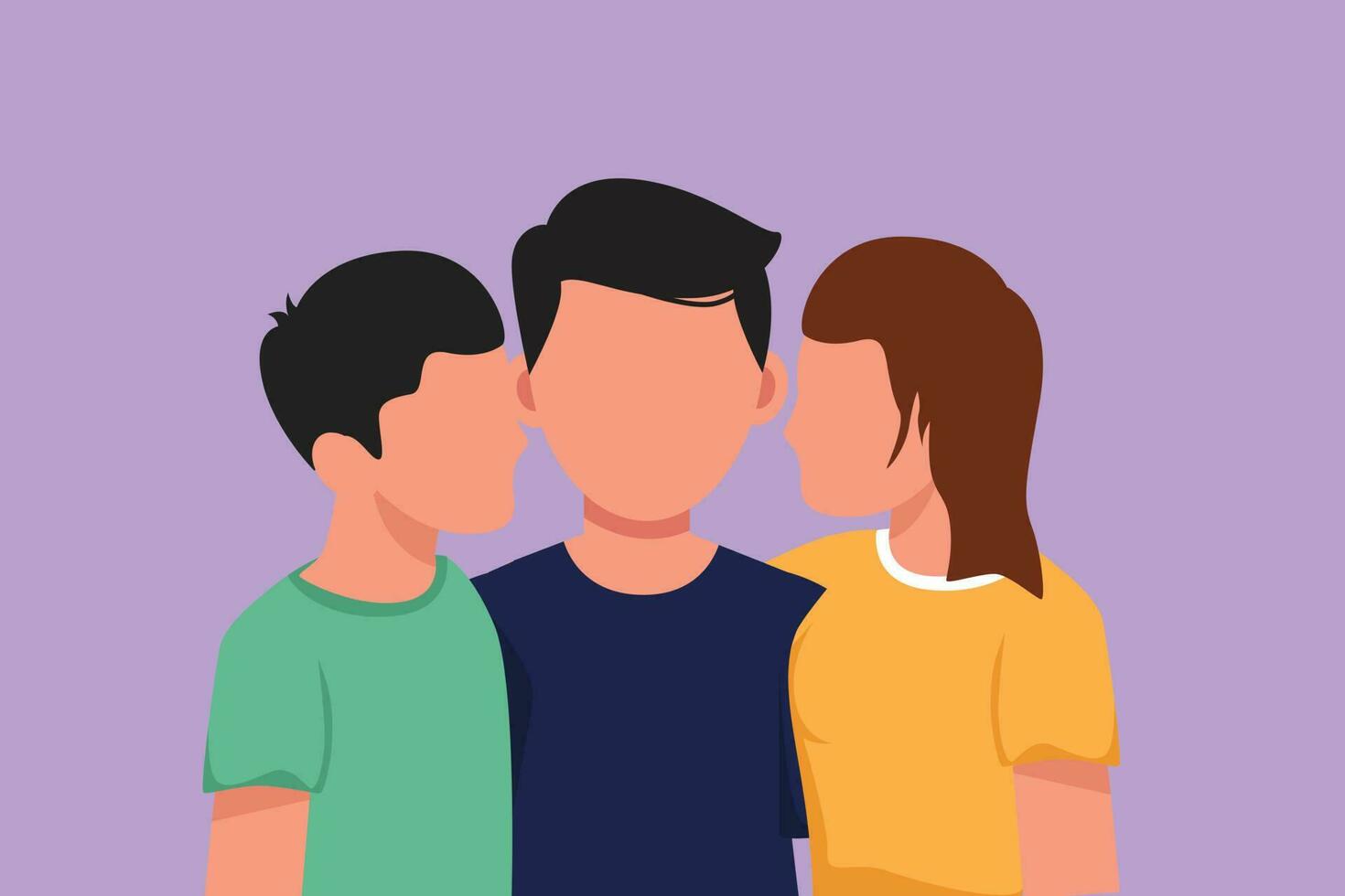 gráfico plano diseño dibujo retrato de adorable hijo y hija besos su padre. contento padres día concepto. familia día festivo. amor de niños con su padre. dibujos animados estilo vector ilustración