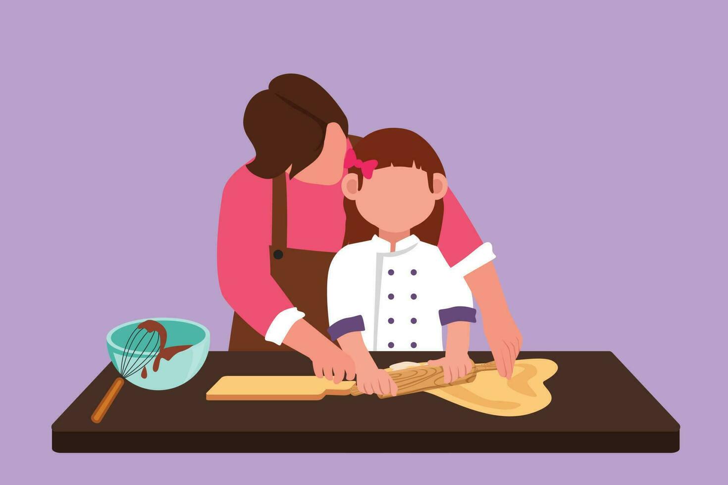 Character flat drawing beautiful young mom and daughter are playing and smiling while baking in kitchen at home. Happy mother and her little girl cooking together. Cartoon design vector illustration