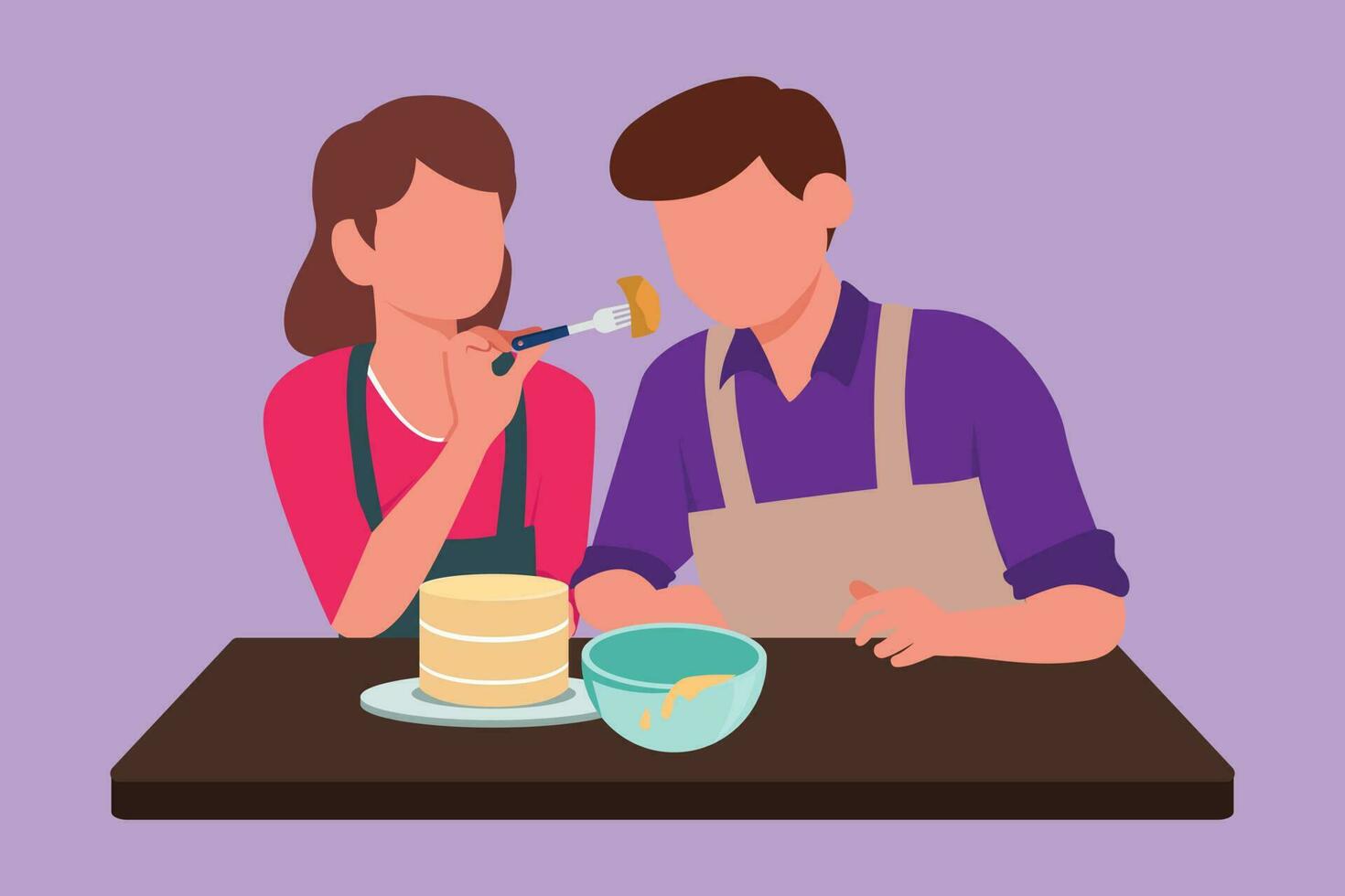 Character flat drawing husband tasting sweet cake food given by his young beautiful wife. Happy romantic couple cooking for lunch together in cozy kitchen at home. Cartoon design vector illustration