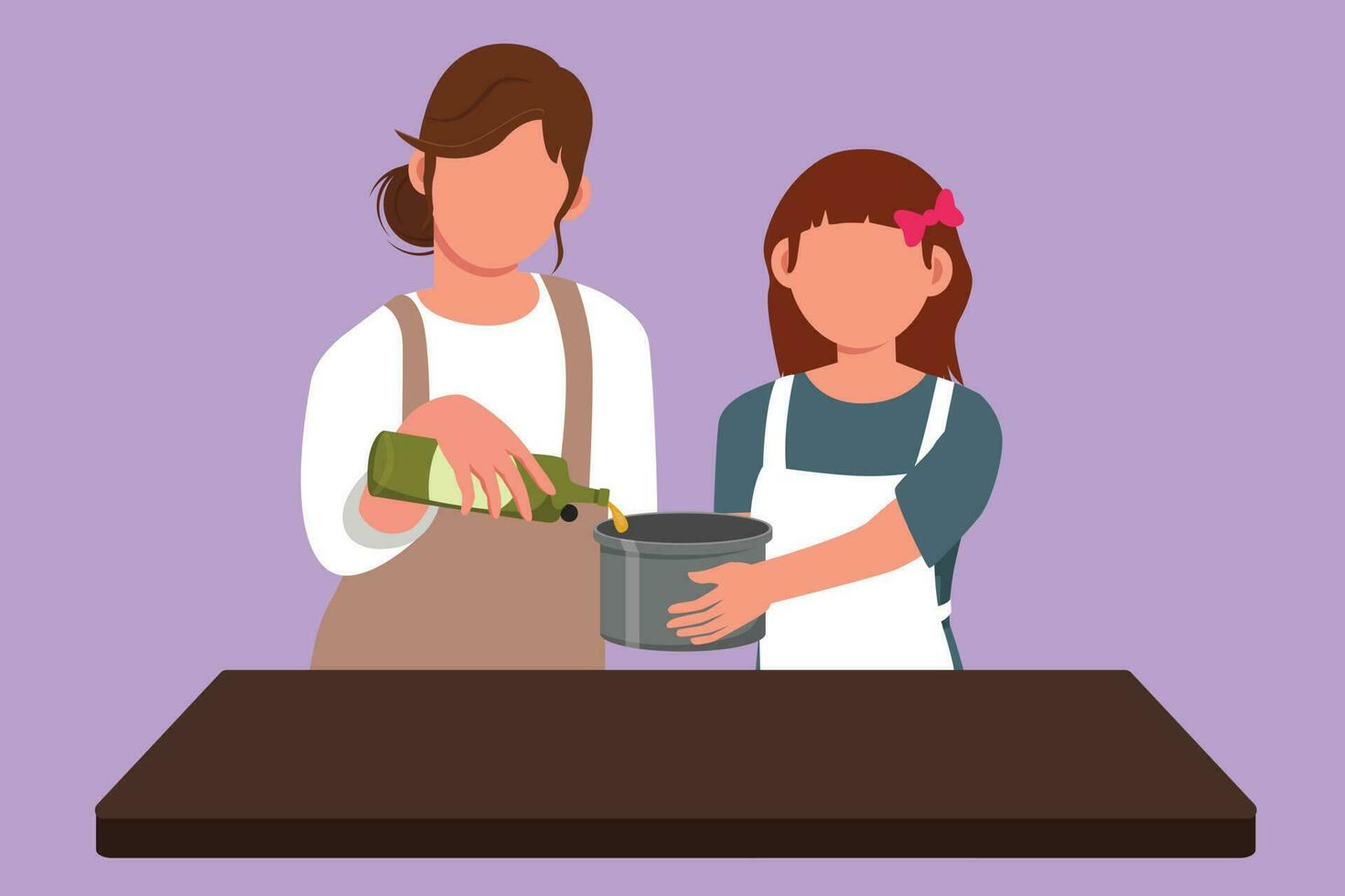 Cartoon flat style drawing of happy mother and her little daughter pour oil into pan which is being held by one of them. Cooking preparation in cozy kitchen at home. Graphic design vector illustration