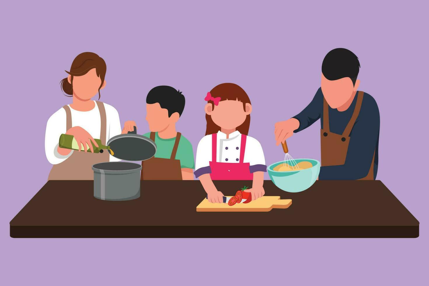 gráfico plano diseño dibujo contento familia mamá, papá, pequeño hija y hijo son Cocinando delicioso comida juntos en cocina para cena a hogar. batería de cocina, vajilla. dibujos animados estilo vector ilustración