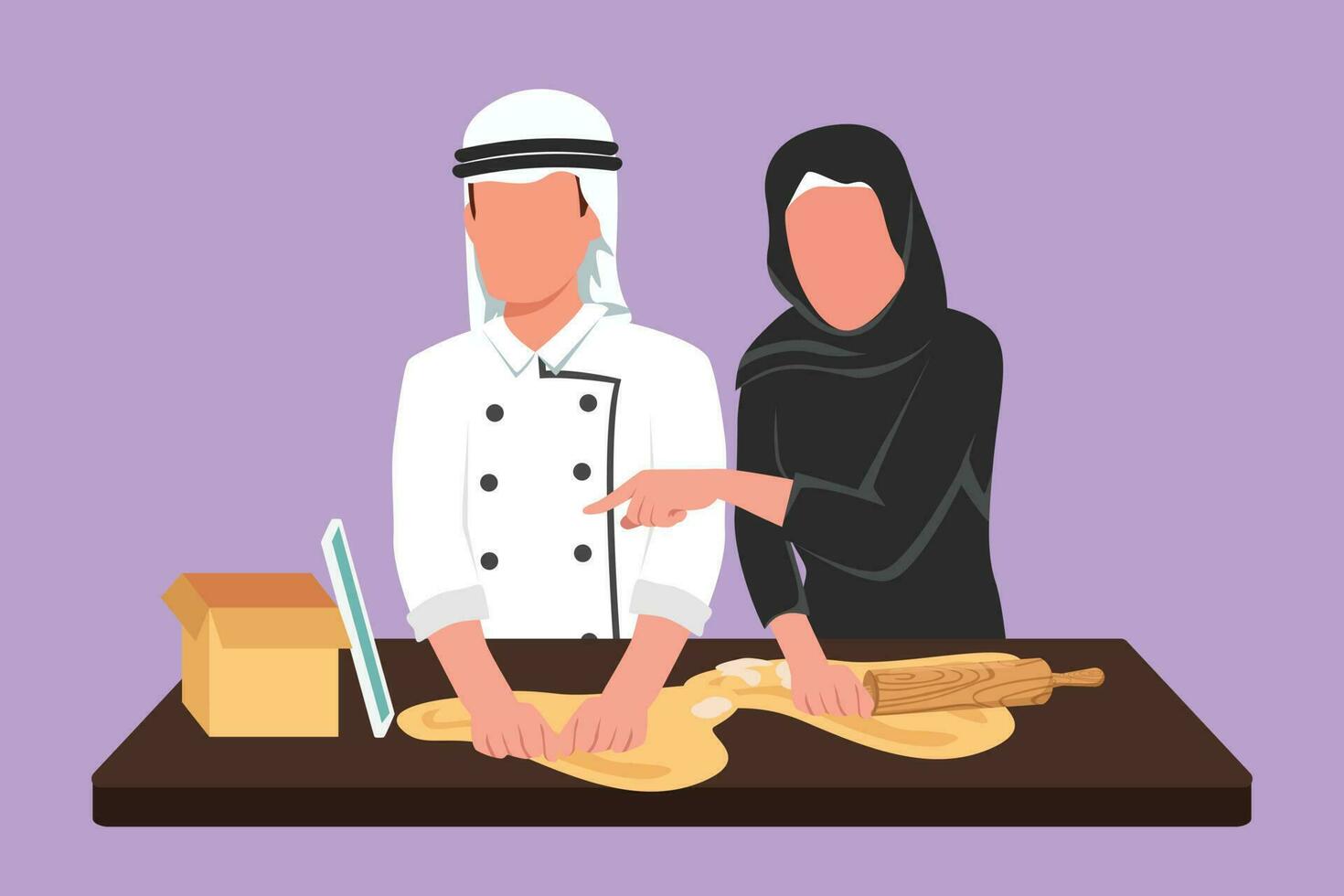 Cartoon flat style drawing romantic Arabian couple cooking together while watching tutorial from gadget tablet screen. Learn to cook with modern digital technology. Graphic design vector illustration