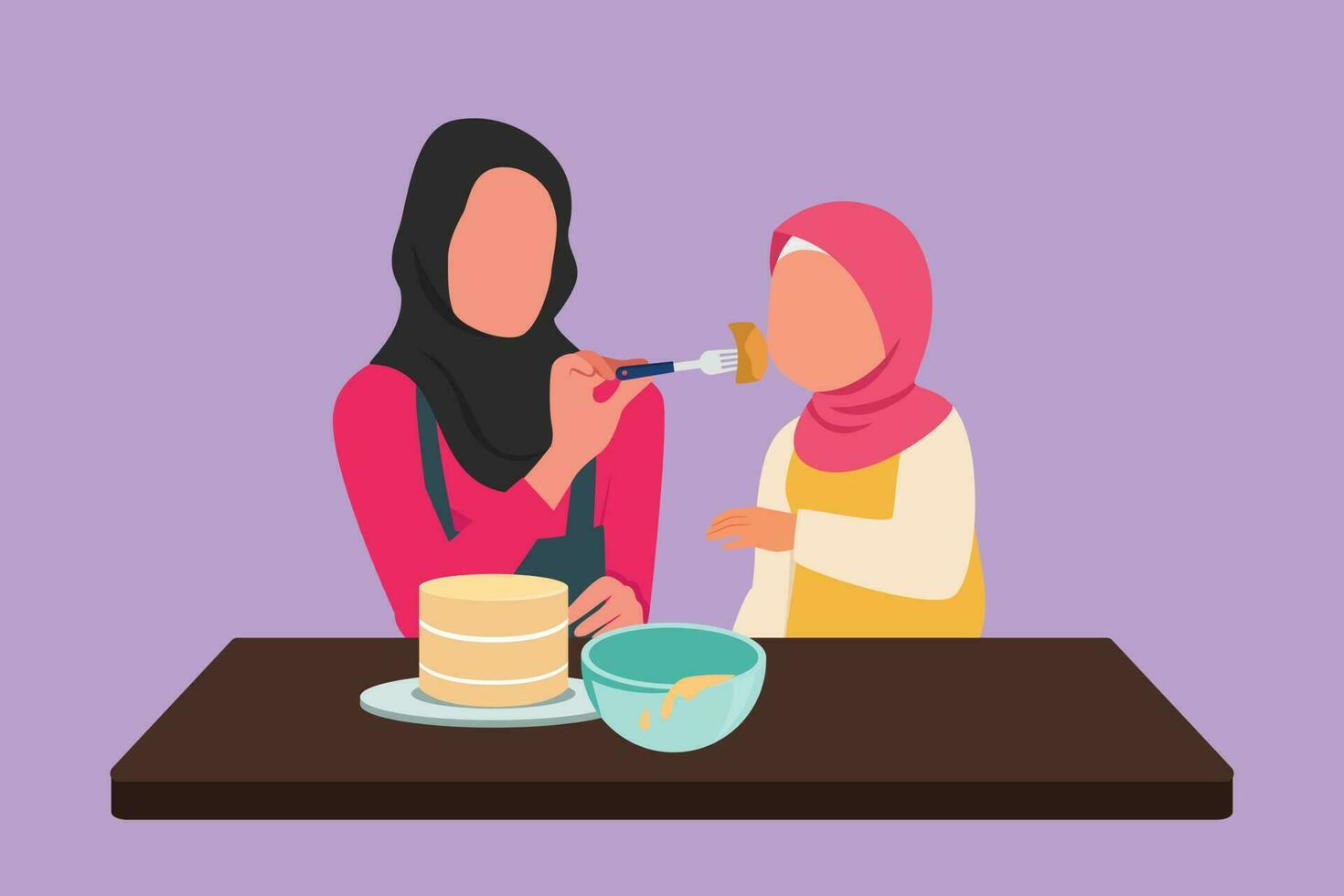 gráfico plano diseño dibujo árabe hija saboreo comida dado por su hermosa madre. alegre mamá y pequeño niño Cocinando para almuerzo juntos en acogedor cocina a hogar. dibujos animados estilo vector ilustración
