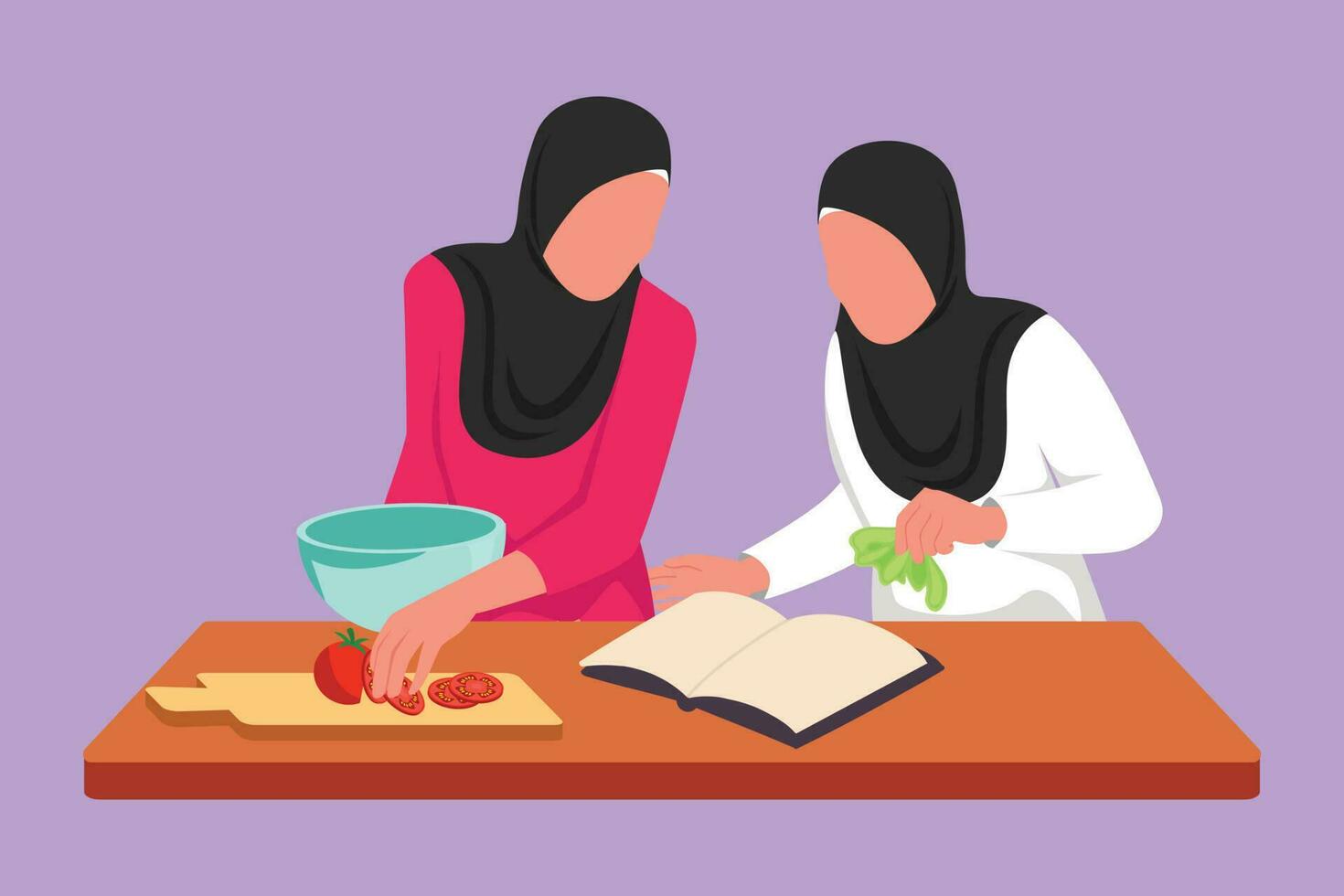 personaje plano dibujo dos árabe mujer Cocinando comida mientras leyendo tutorial libro en acogedor cocina mesa a hogar. amigos preparar desayuno comida. sano comida estilo de vida. dibujos animados diseño vector ilustración