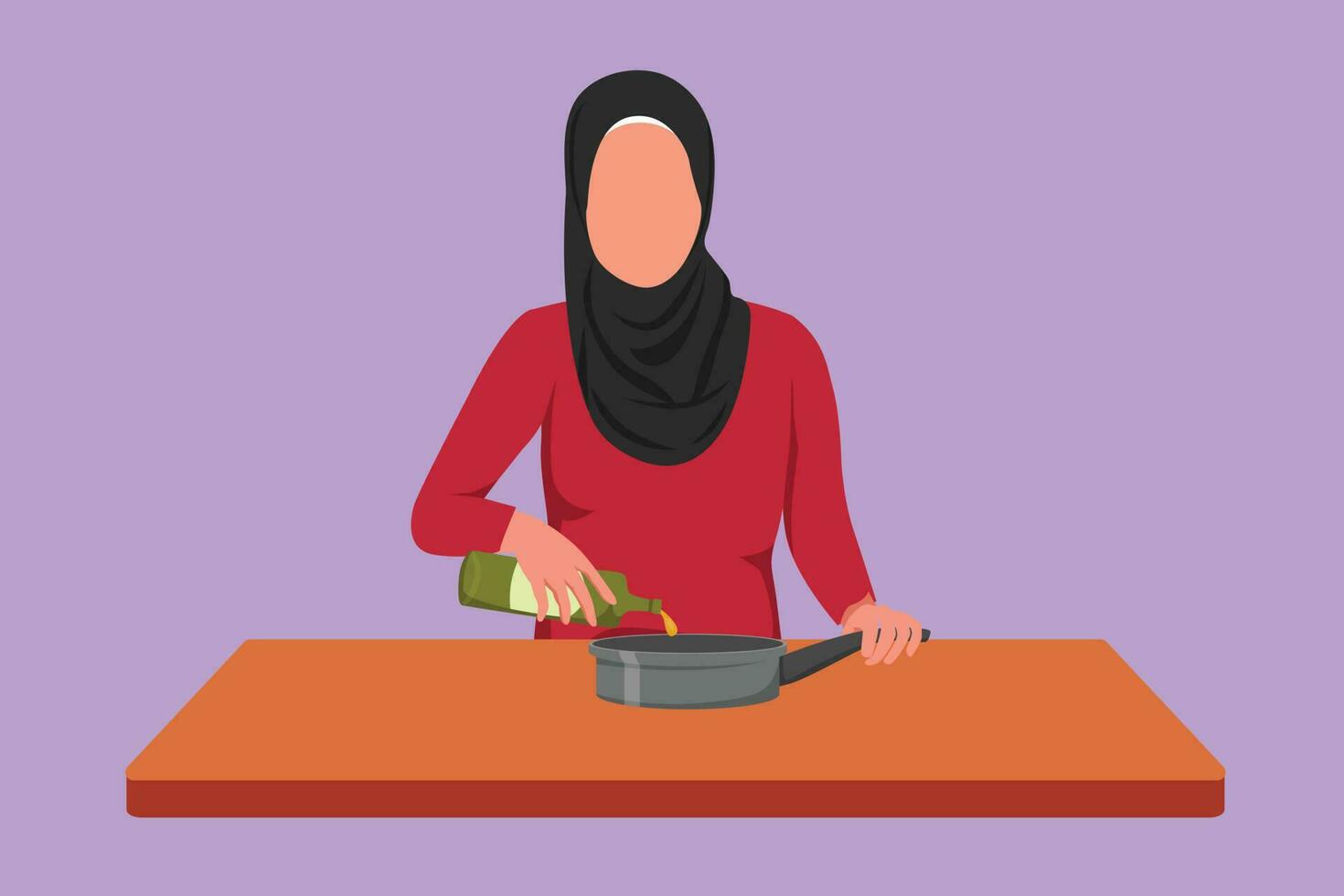 Character flat drawing Arab wife pouring cooking oil from bottle into frying pan on stove. Prepare food for dinner at cozy kitchen. Woman love cooking meal at home. Cartoon design vector illustration