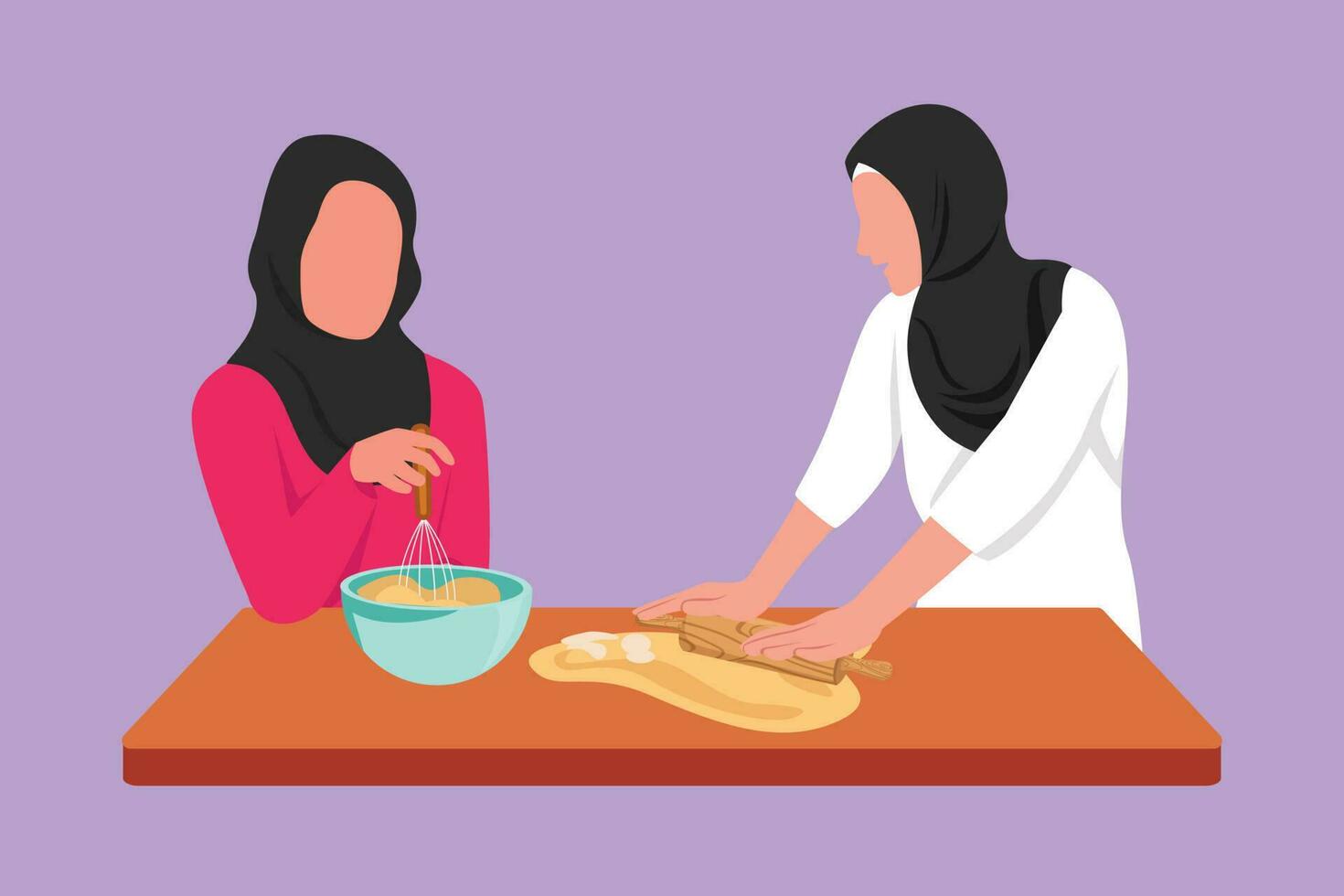 Cartoon flat style drawing two beautiful Arabian woman making cookie dough using rolling pin at cozy kitchen table. Friends making bakery and homemade pizza at home. Graphic design vector illustration