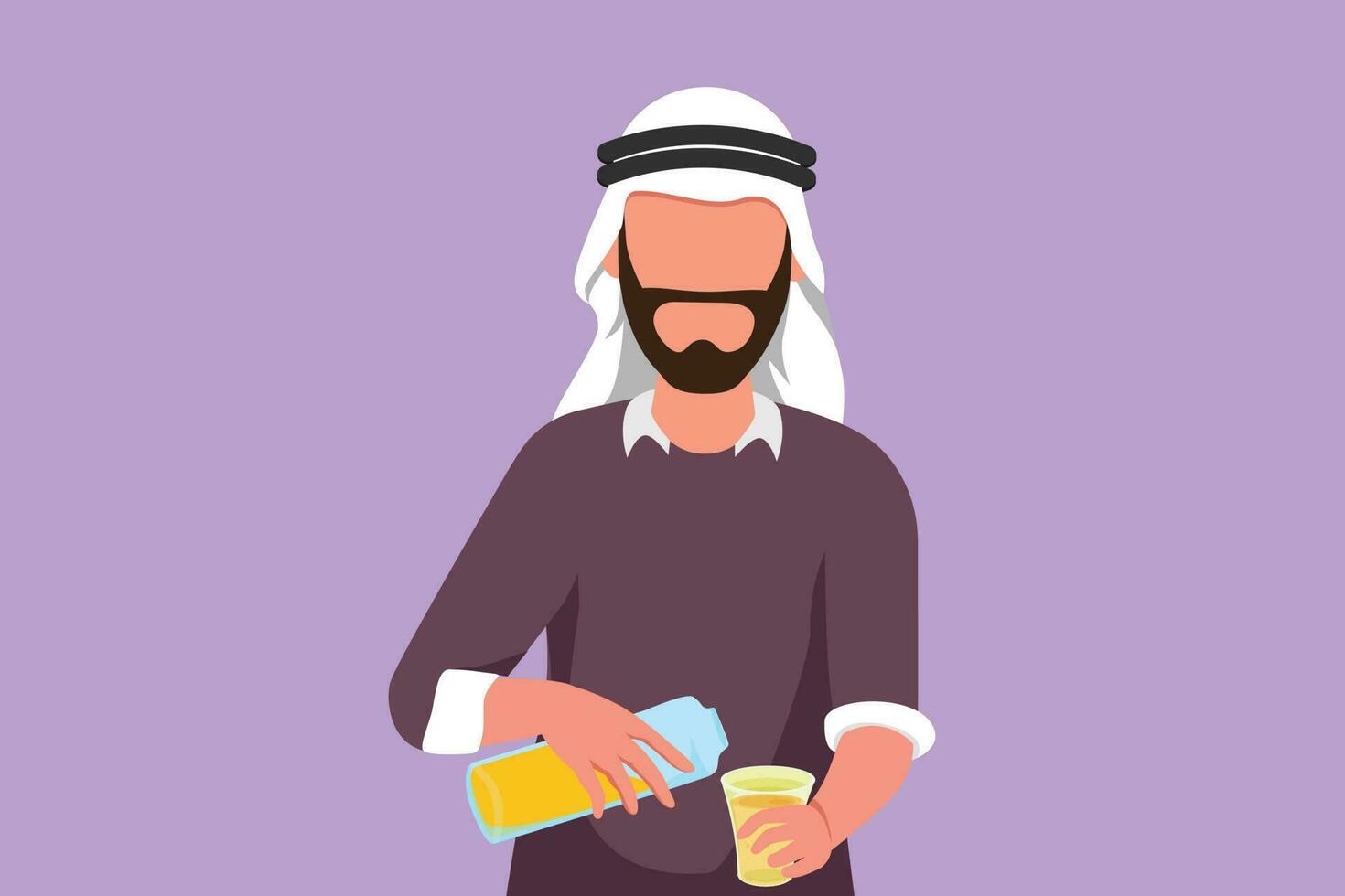 Cartoon flat style drawing active Arab man pouring orange juice into glass from bottle while having breakfast at home. Healthy male feels thirsty in summer season. Graphic design vector illustration