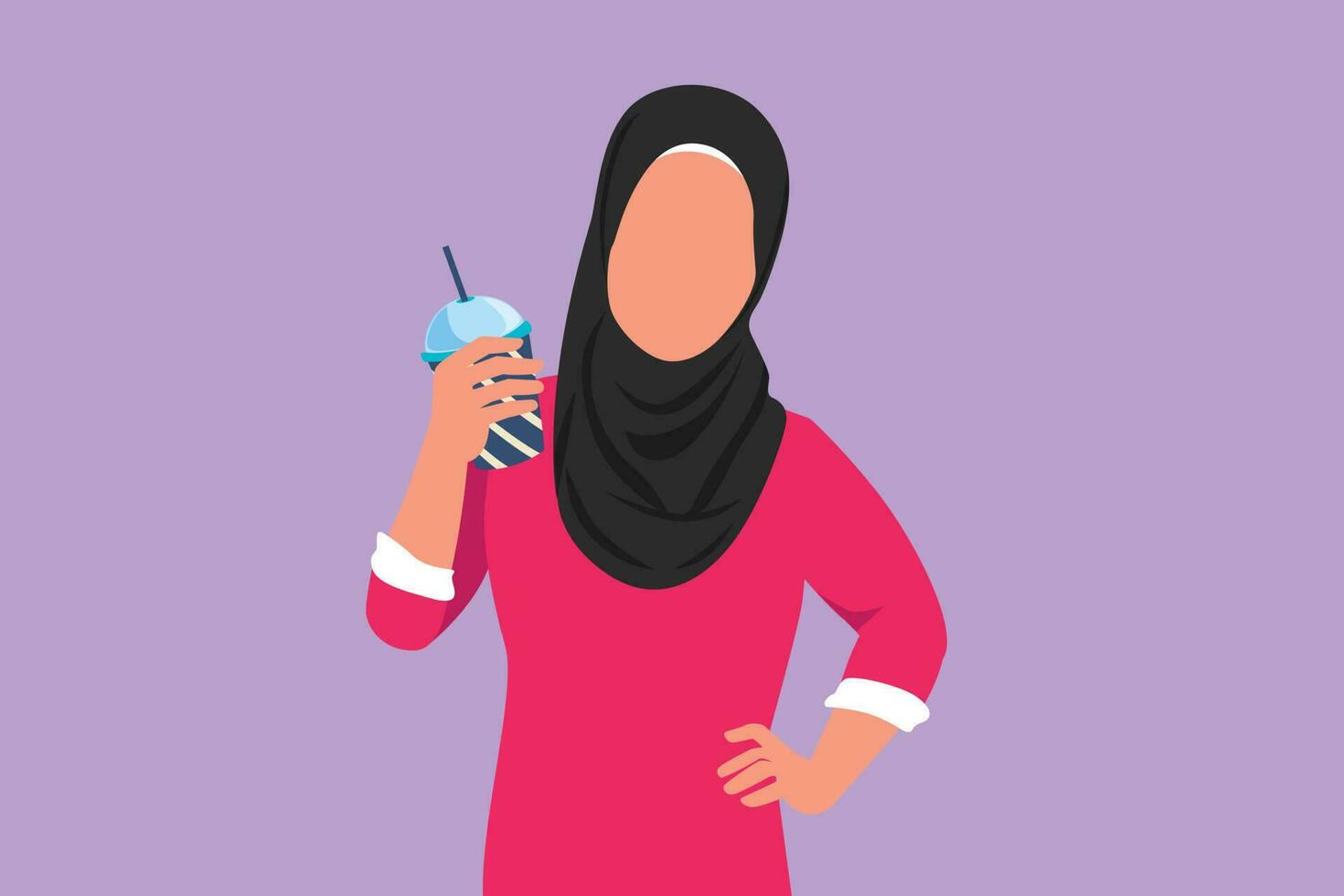 dibujos animados plano estilo dibujo árabe mujer mirando y participación el plastico vaso de naranja jugo con uno mano en el cintura. siente sediento y refrescante en verano estación. gráfico diseño vector ilustración