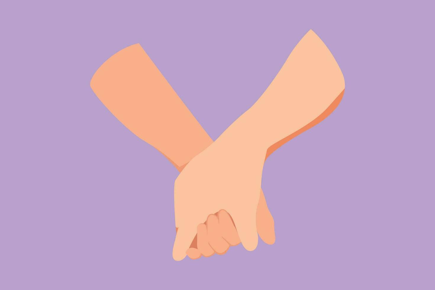 Graphic flat design drawing two hands holding each other. Sign or symbol of love, relationship, couple, marriage. Communication with hand gestures for care education. Cartoon style vector illustration