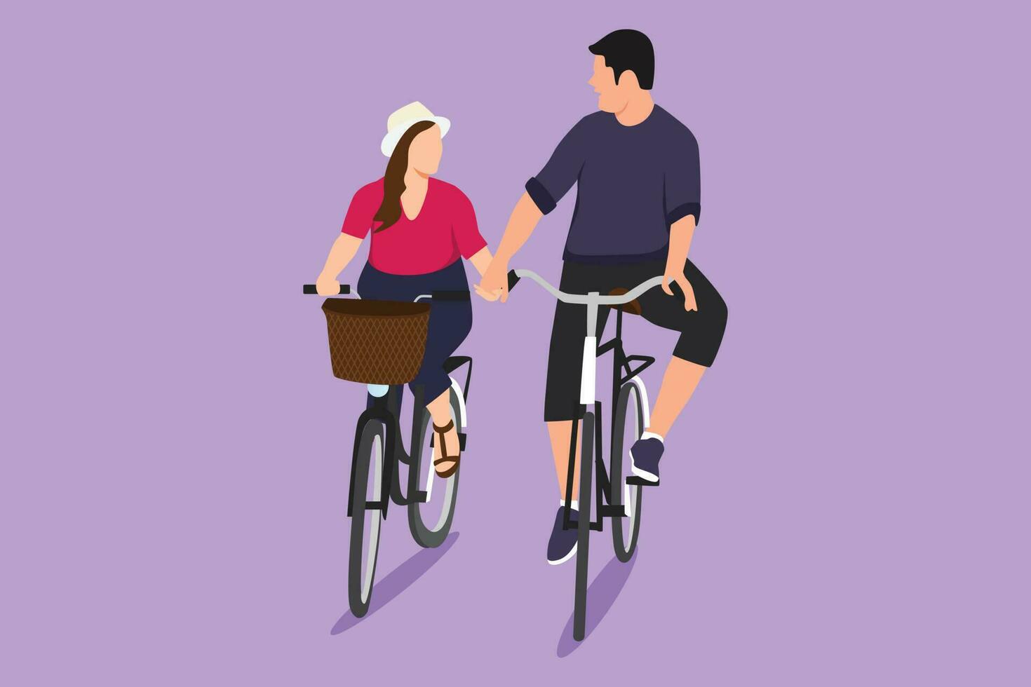 Graphic flat design drawing happy couple cycling outdoors in summer. Romantic cycling couple holding hands. Togetherness of husband and wife. Man and woman ride bike. Cartoon style vector illustration