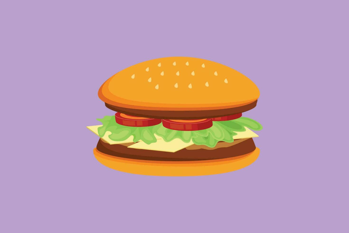Graphic flat design drawing fresh delicious American burger restaurant logo emblem. Fast food beef burger cafe shop. Fast food beefburger menu and restaurant badge. Cartoon style vector illustration