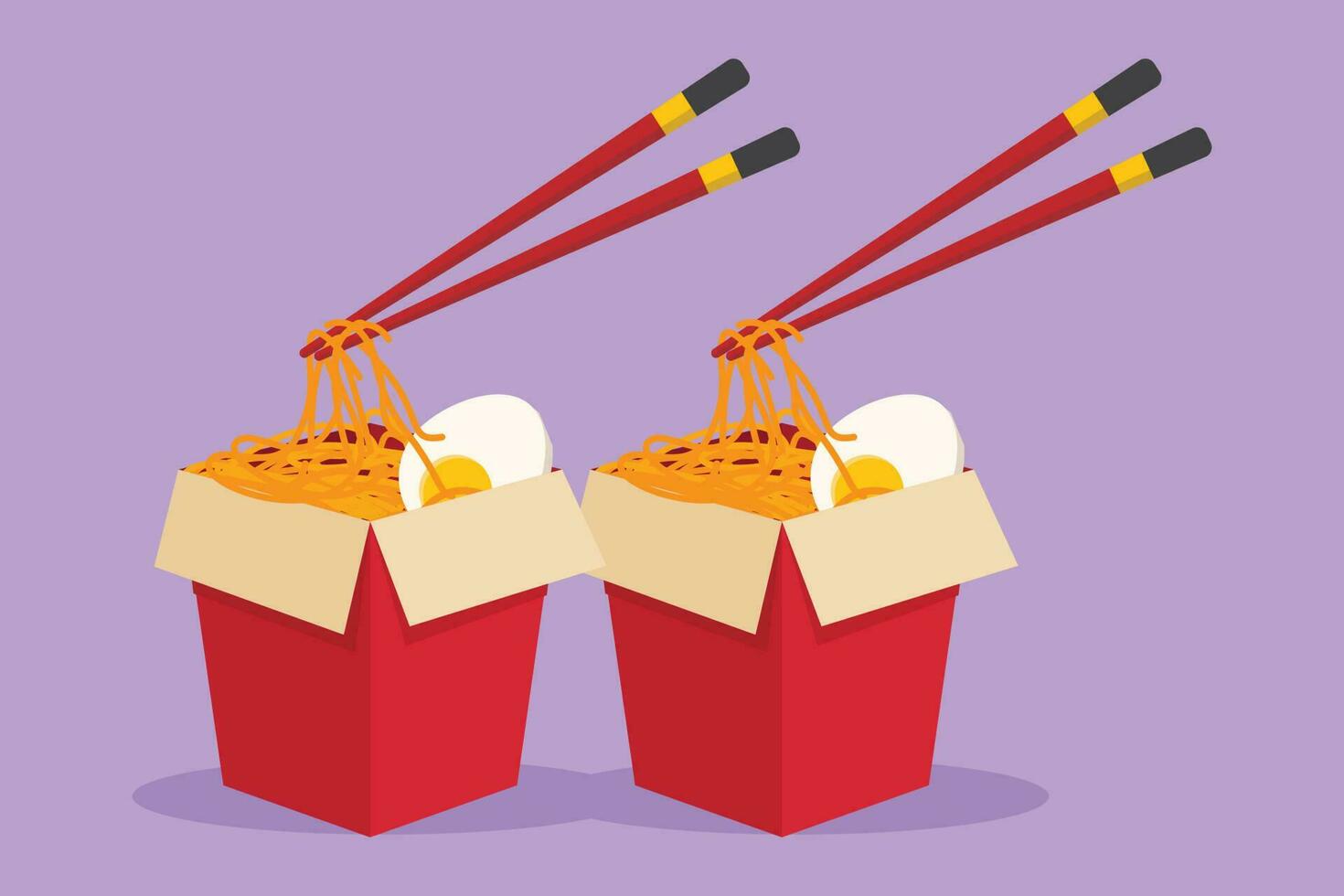 Cartoon flat style drawing hot spicy noodles store logo. Pasta on box fast food menu restaurant badge for cafe shop or food delivery service. Tasty meal for lunch. Graphic design vector illustration