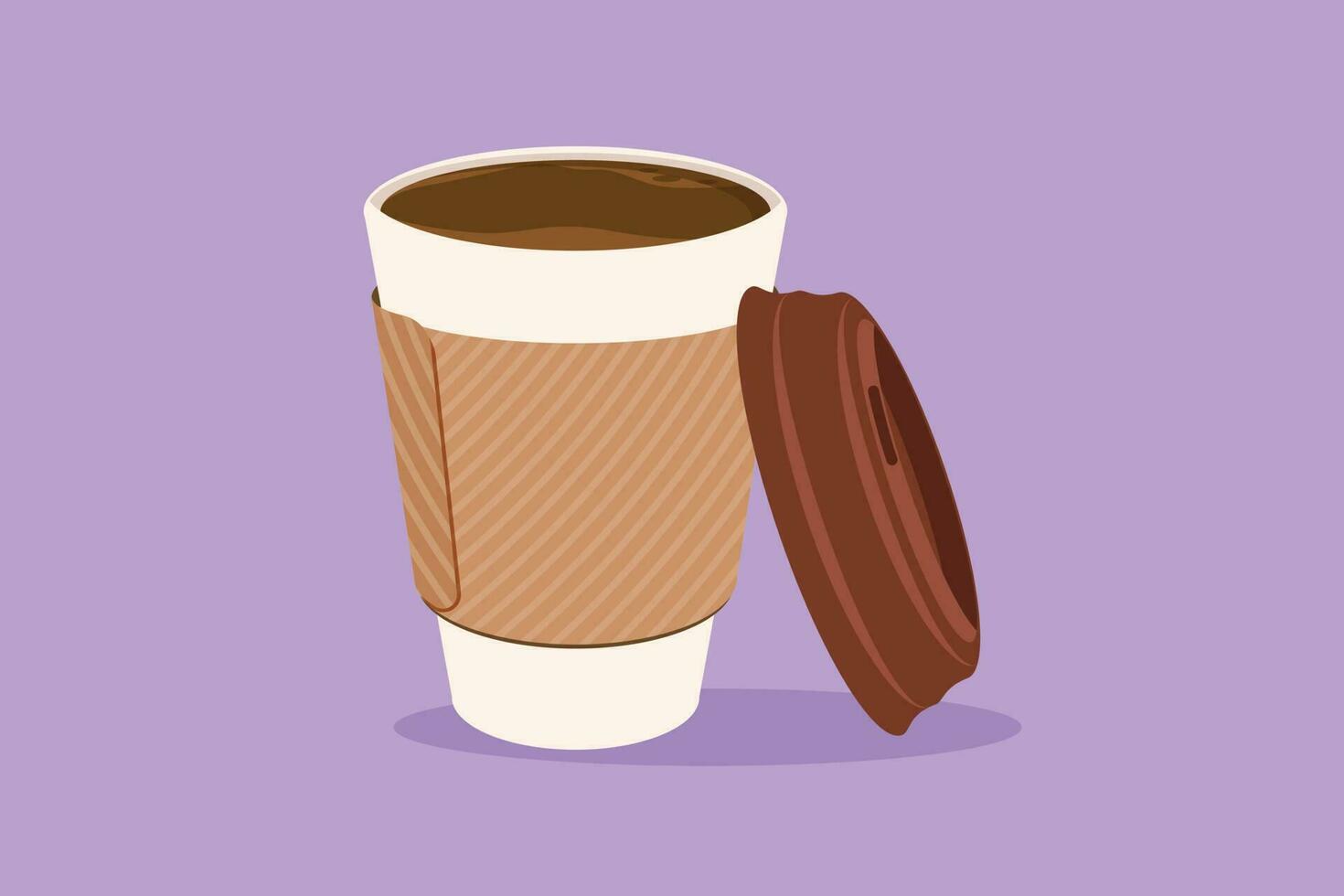 Graphic flat design drawing of coffee paper cup template with cardboard holder and plastic lid. Disposable takeout cafe package. Takeaway craft pack. For logo symbol. Cartoon style vector illustration