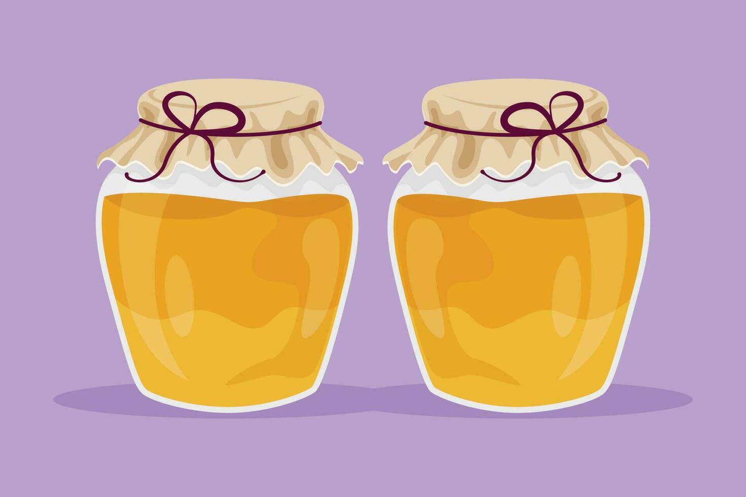 Cartoon flat style drawing of fresh sweet natural gold honey on glass jar with wooden dipper. Natural organic supplement concept. Healthy food template label symbol. Graphic design vector illustration