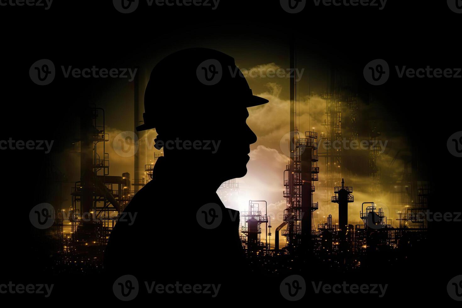 silueta de industrial trabajador con petróleo refinería planta como antecedentes. generativo ai foto