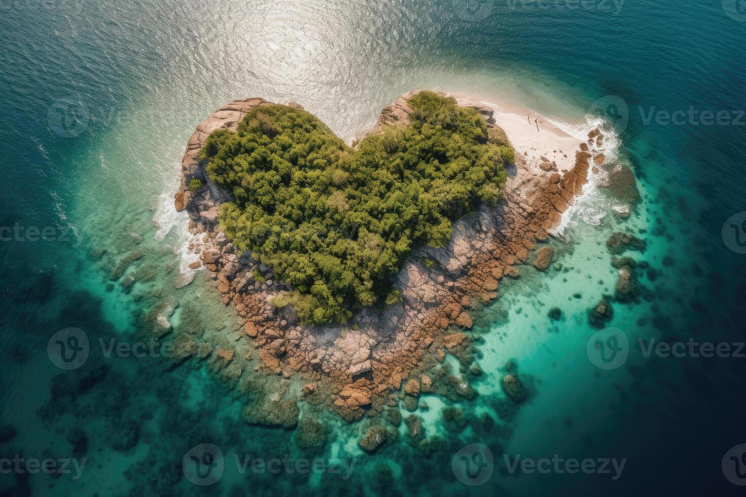 Aerial view of heart shape island in sea. photo