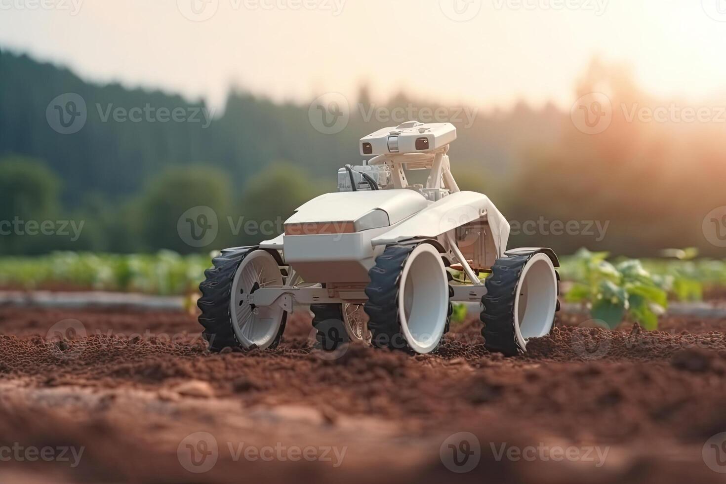 Unmanned robot working in agricultural field. photo