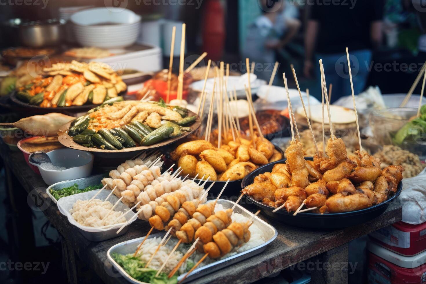 Asian street food. Traditional oriental dishes at street market. photo
