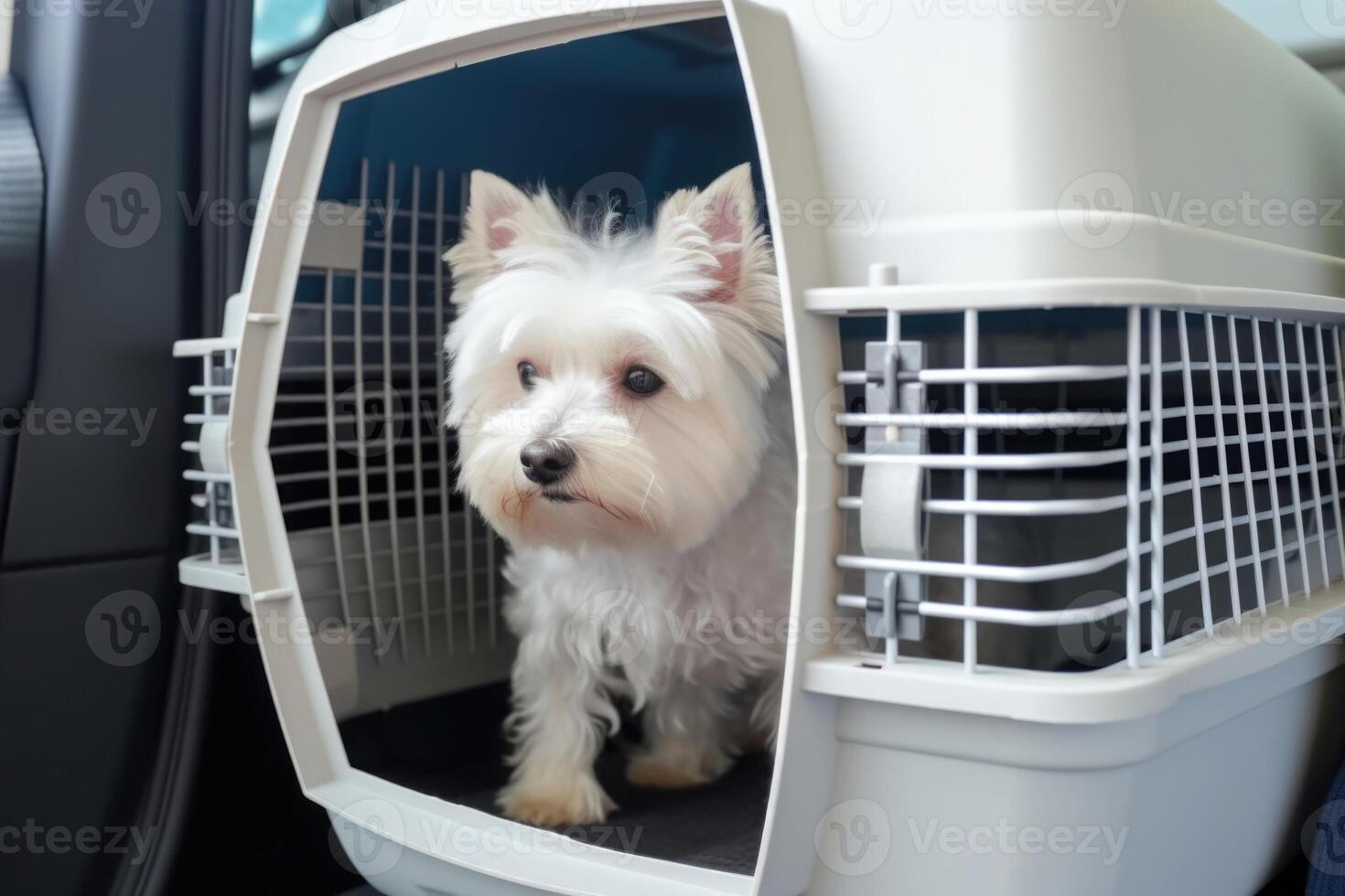 Dog in carrier cage. Travelling with pet. photo