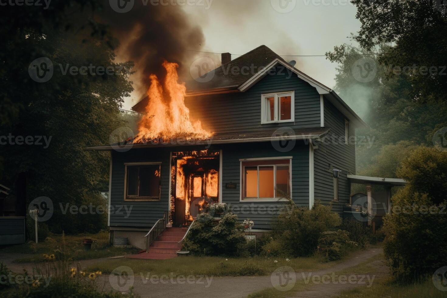 Burning house in suburb. Residential house in fire. photo