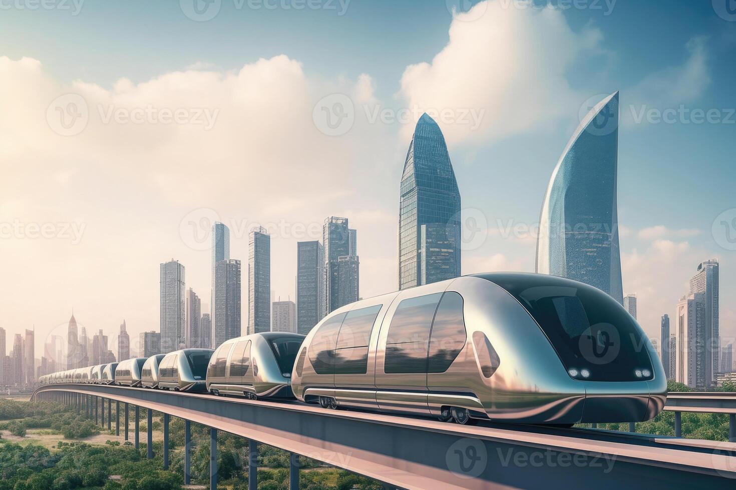 Futuristic high speed train in city. photo