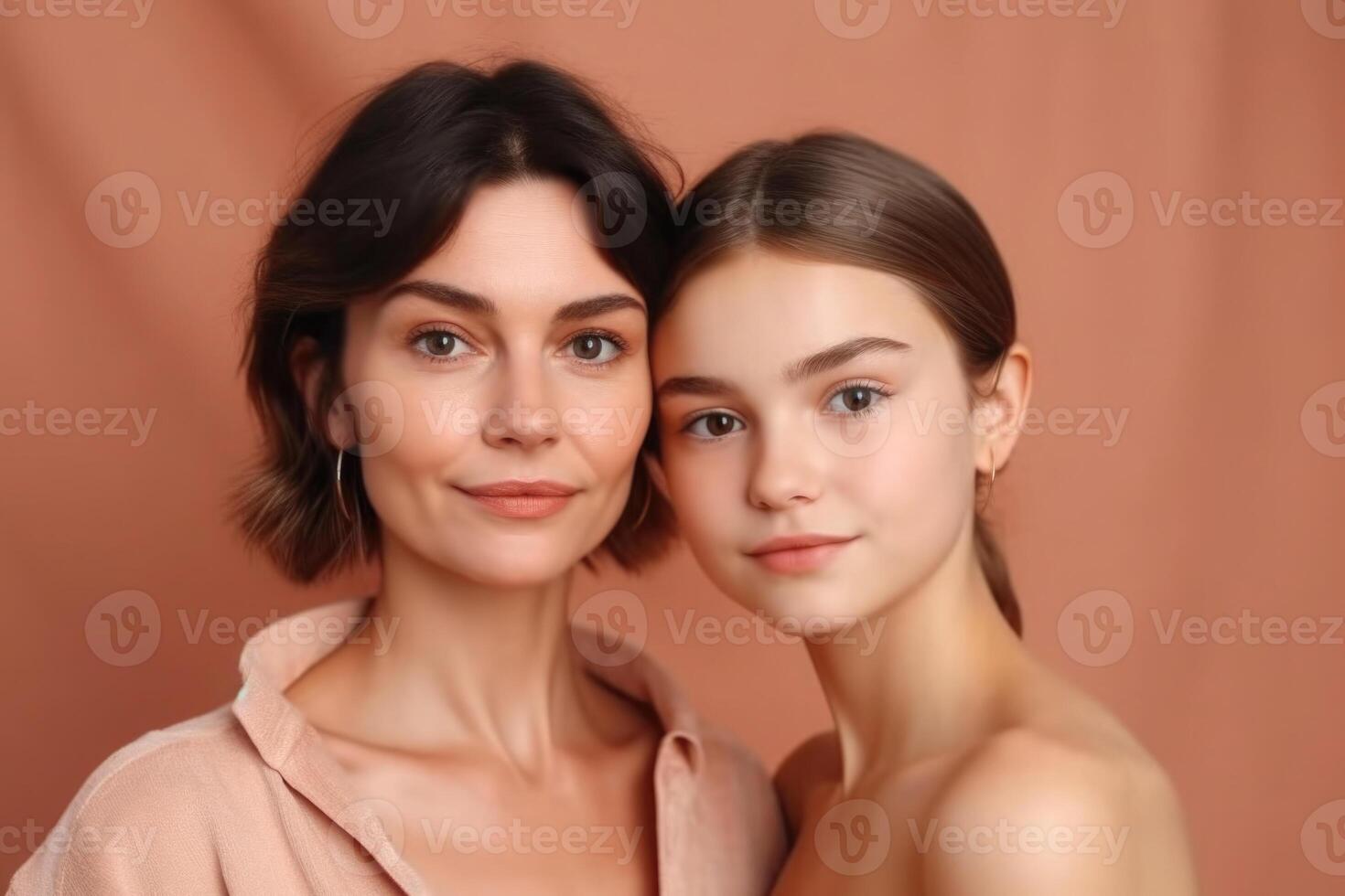 madre y hija retrato en rosado antecedentes. generativo ai foto