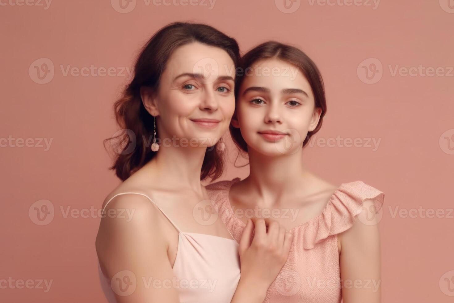 Mother and daughter portrait on pink background. photo