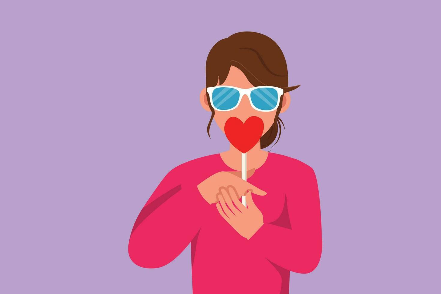 Cartoon flat style drawing portrait young woman wearing sunglasses with heart shaped lollipop blowing red lips sending sweet air kiss. Happy female model on studio. Graphic design vector illustration