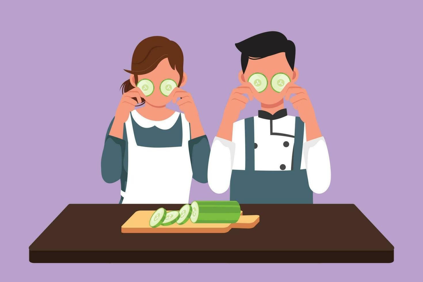 Cartoon flat style drawing beautiful wife and her husband are holding slices of cucumber and smiling while cooking in kitchen at home. Happy couple working together. Graphic design vector illustration