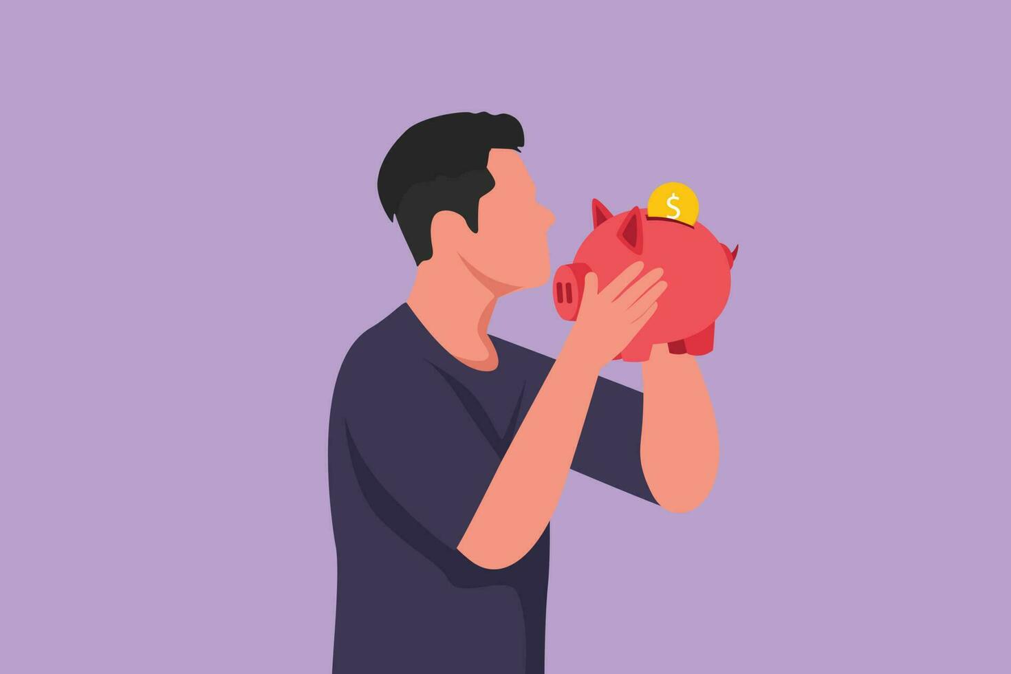 Graphic flat design drawing handsome young male holding and kissing piggy bank. Wealth symbol and saving campaign concept for teenager. Financial planning for future. Cartoon style vector illustration