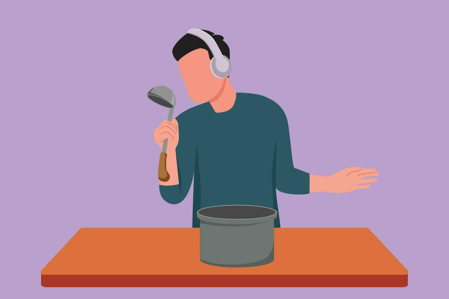 Cartoon flat style drawing young husband begin prepare family dinner while singing like rock star with kitchenware and overjoyed music playlist. Fun cooking concept. Graphic design vector illustration