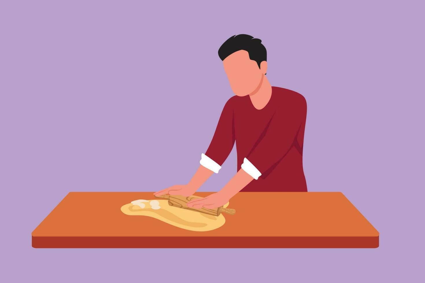 Character flat drawing active man making cookie dough using rolling pin at kitchen table. Happy husband making bakery and homemade pizza for family dinner at home. Cartoon design vector illustration