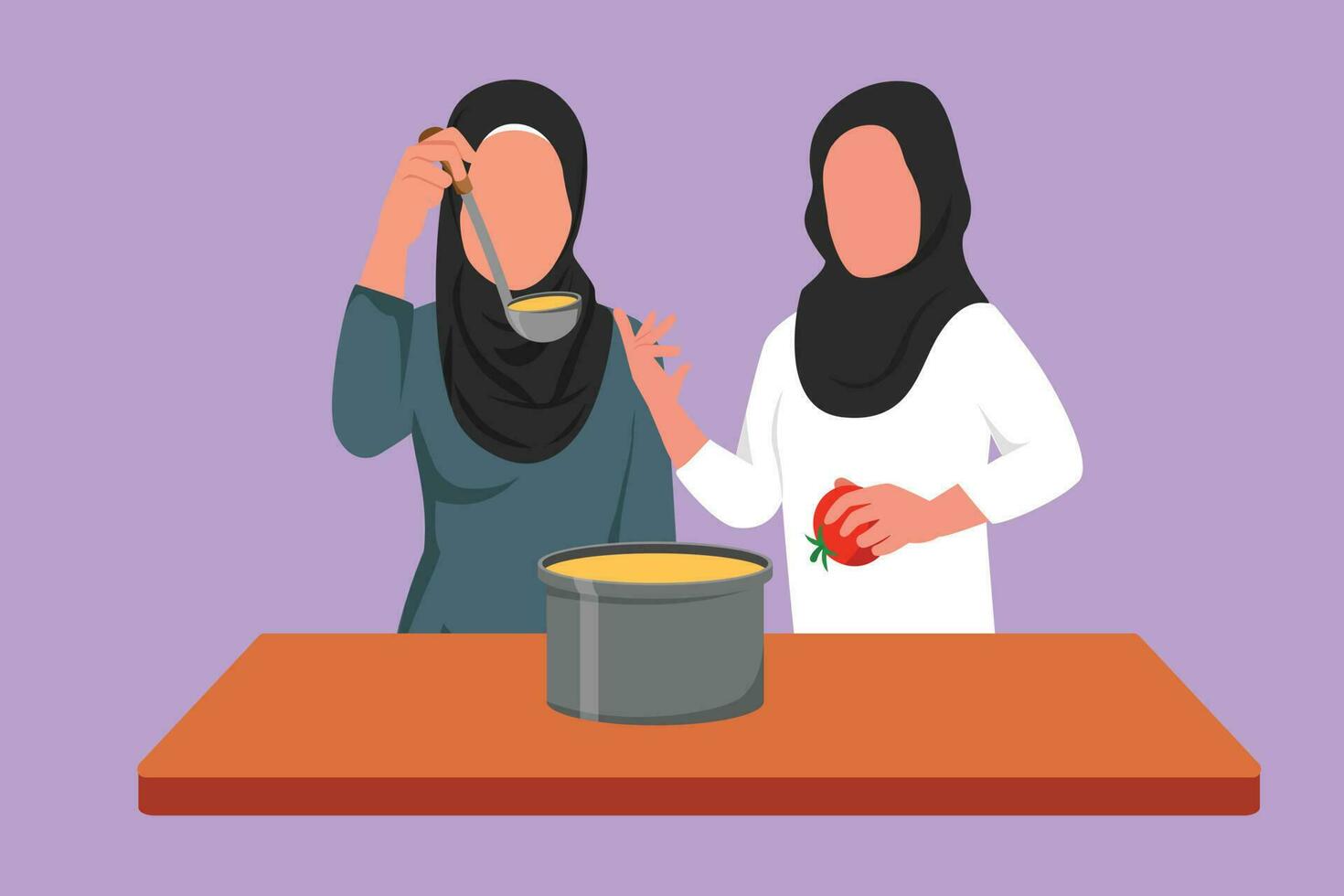 Character flat drawing two Arabian woman mixing tomato sauce, tasting, and relish meal with wooden spatula. Friends prepare dinner food at cozy kitchen. Fun cooking. Cartoon design vector illustration